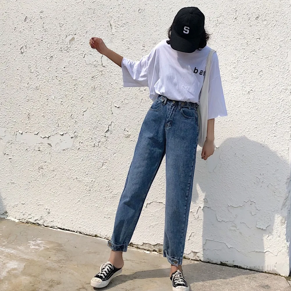 S-XL, 3 цвета, осень, корейский стиль, высокая талия, джинсы для женщин, свободные прямые джинсы, джинсовые штаны для женщин(Z8333