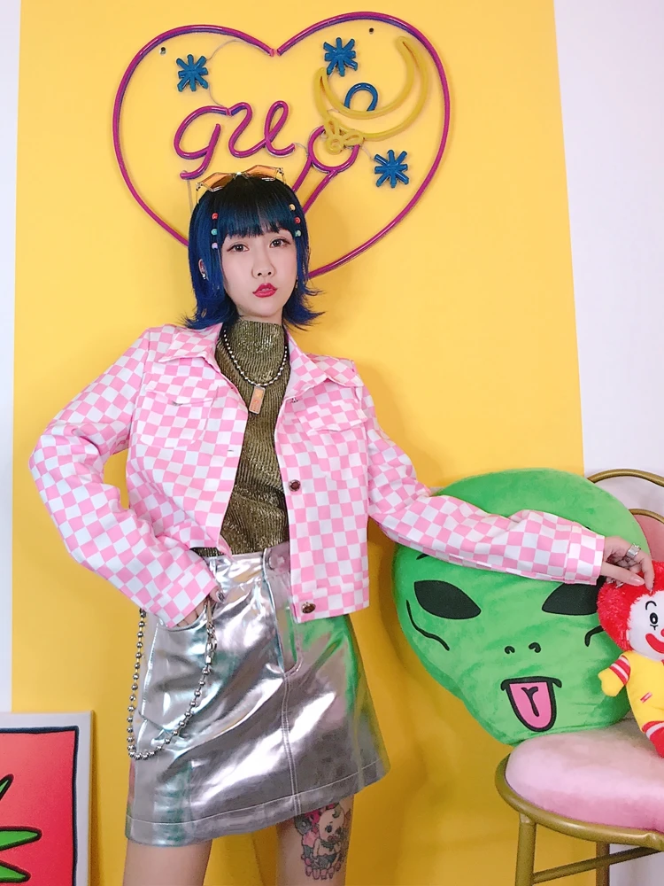 Harajuku ветер решетки девушка сердце розовый Короткие издание лацкан рано Новинка