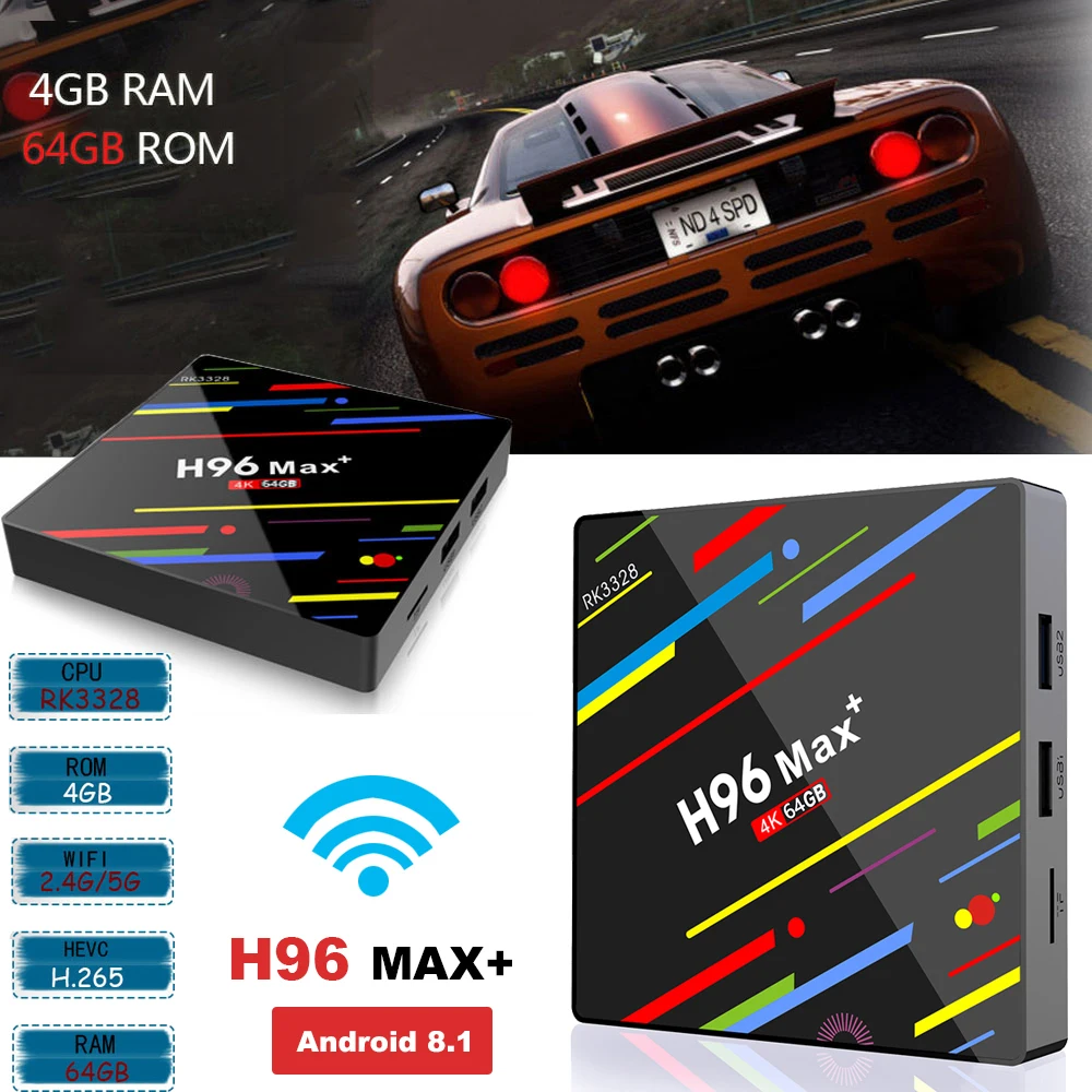 H96 MAX+ Android 8.1 TV Box 4GB RAM 64GB ROM Set Top Cortex A53 RK3328 2.4G/5G Wifi 4K H.265 Media Player | Электроника