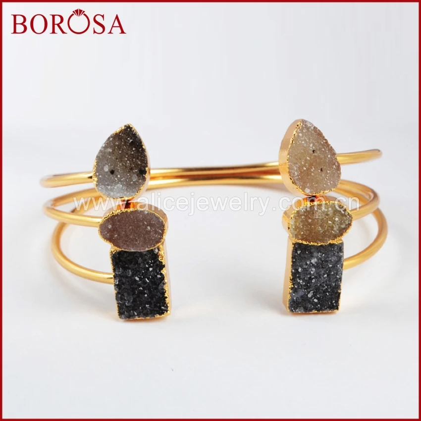 BOROSA натуральные Агаты камень браслет манжеты Geode браслет с друзой золото гальванопластика ювелирные изделия регулируемый браслет для женщин подарок G0148