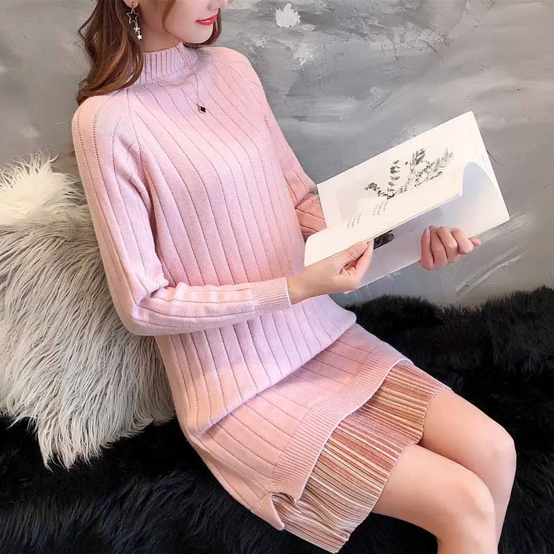 02pink Новинка весны, женское платье-свитер с круглым вырезом, вязанное короткое прямое платье, шифоновое мини-платье в стиле пэчворк, 4 цвета - Цвет: 02pink