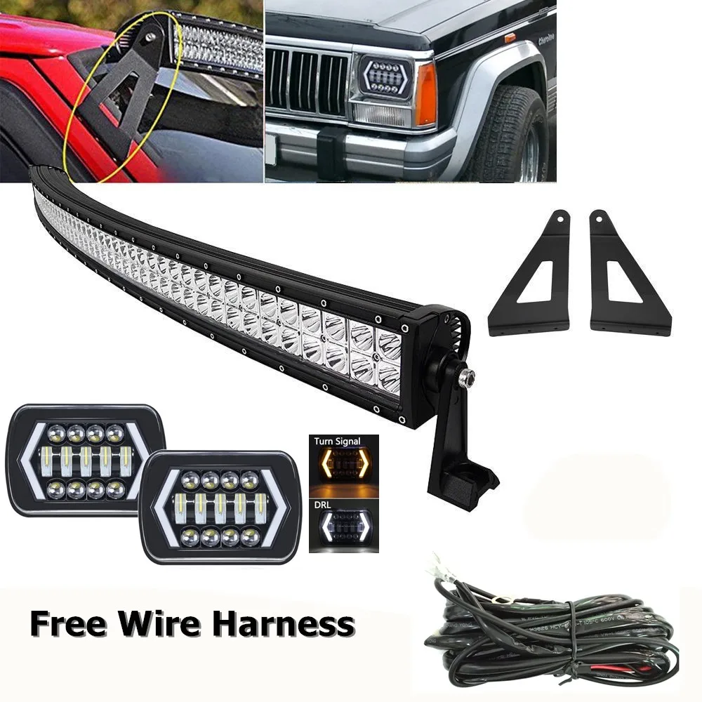 

For 1984-2001 Jeep Cherokee XJ Led Headlight 7X6 Inch With 50" 288W CURVED LED Light Bar Car Roof Mounting Bracket Kit