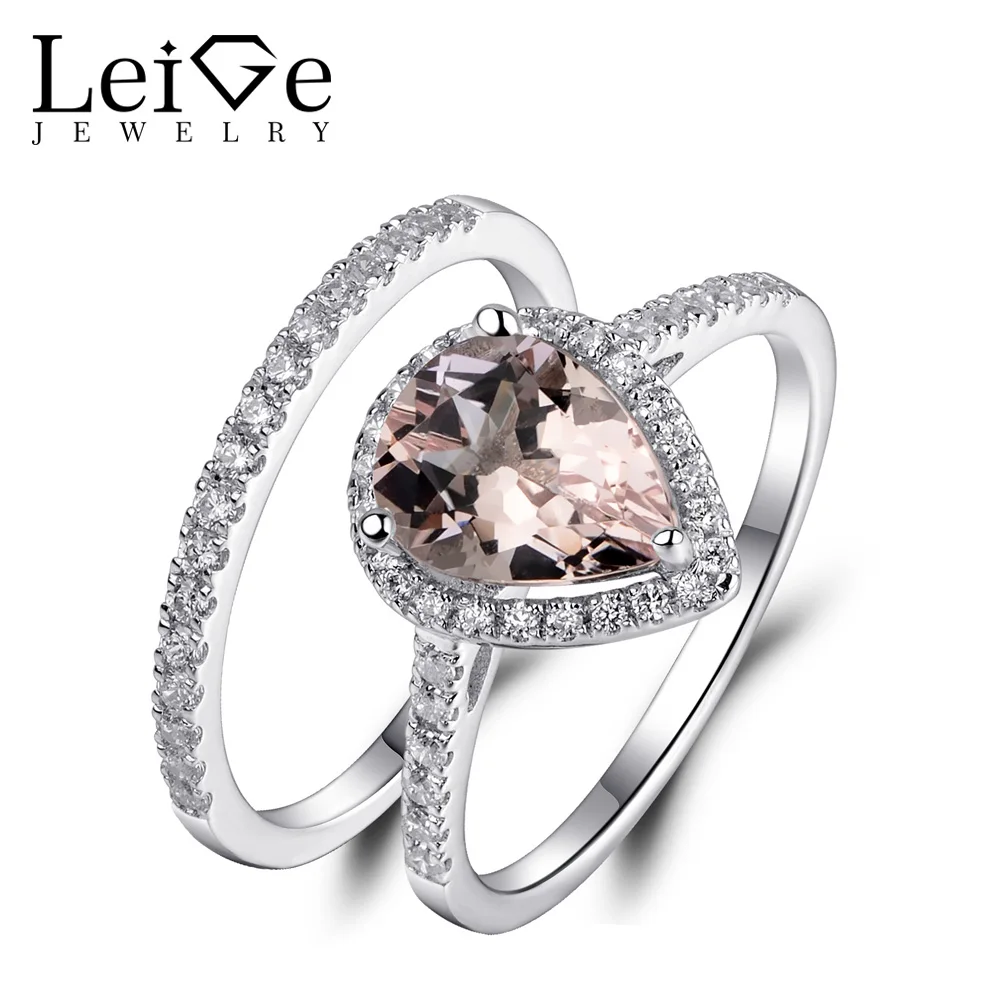 

Leige Jewelry Natural Morganite Engagement Ring Set Pink Gemstone Pear Cut 925 Silver Wedding Rings for Women Anniversary Gift