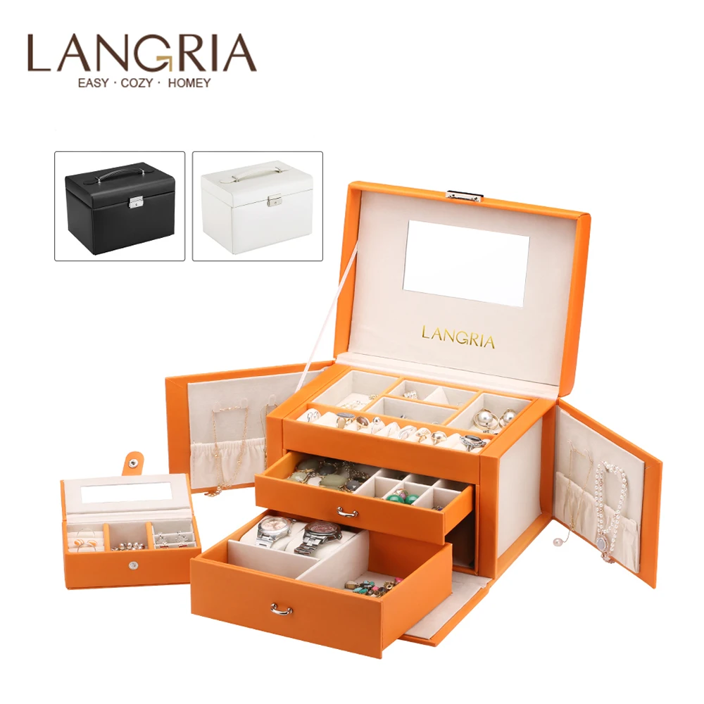 LANGRIA шкатулка с замочком чехол для хранения косметики Органайзер с откидной крышкой зеркальные ящики портативный мини Дорожный Чехол для ювелирных изделий