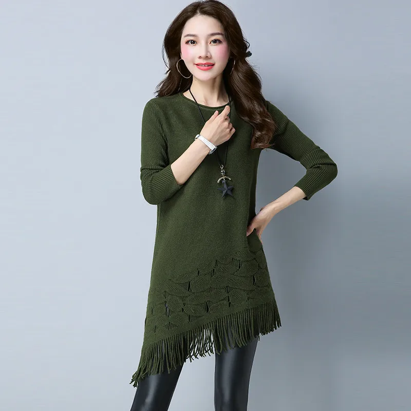 Women's Knit Sweater Autumn Winter Spring Long coat Korean Round Neck tassel Pullover Dress Wild A505 | Женская одежда