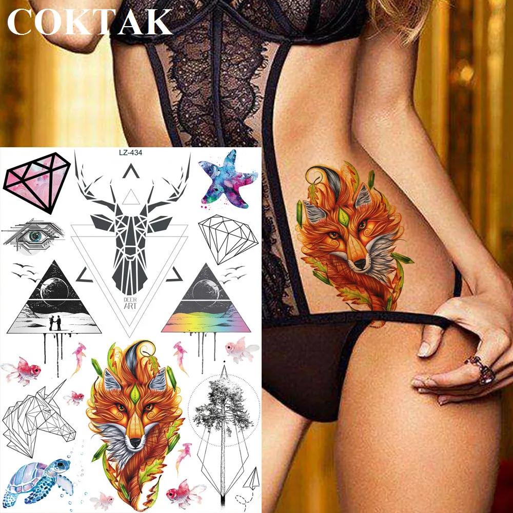 

COKTAK Children Cartoon Geometry Watercolor Wolf Elk Deer Unicorn Temporary Tattoos Diamond Sticker Fox Wolf Art Tatoos Kids