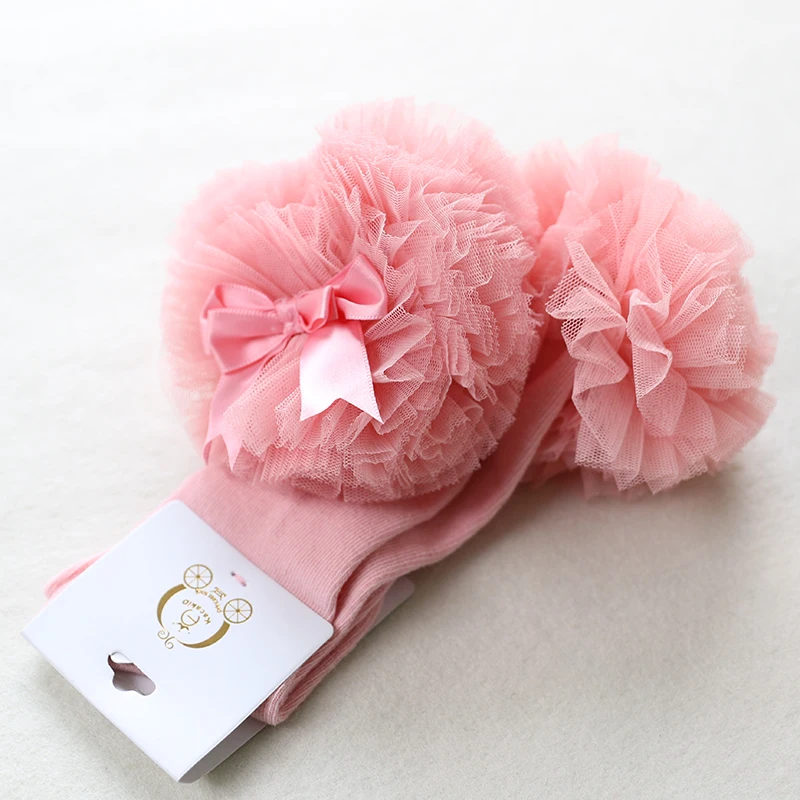 Calcetines hasta la rodilla de algod&oacute;n para ni&ntilde;as peque&ntilde;as, medias de tut&uacute; con lazo de sat&eacute;n de encaje, estilo princesa, con volantes, para ni&ntilde;os peque&ntilde;os de 0 a 4 a&ntilde;os-2