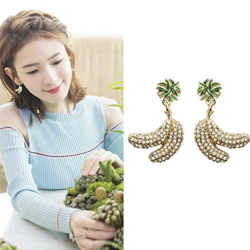 2018 корейский Sweety банан Форма Длинные висячие серьги прекрасный горный хрусталь