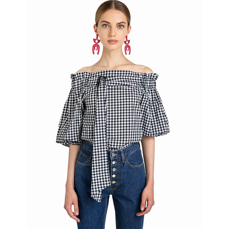 Off Shoulder Ruffle блузка рубашка Женщины Топы Повседневное свободные Puff Половина