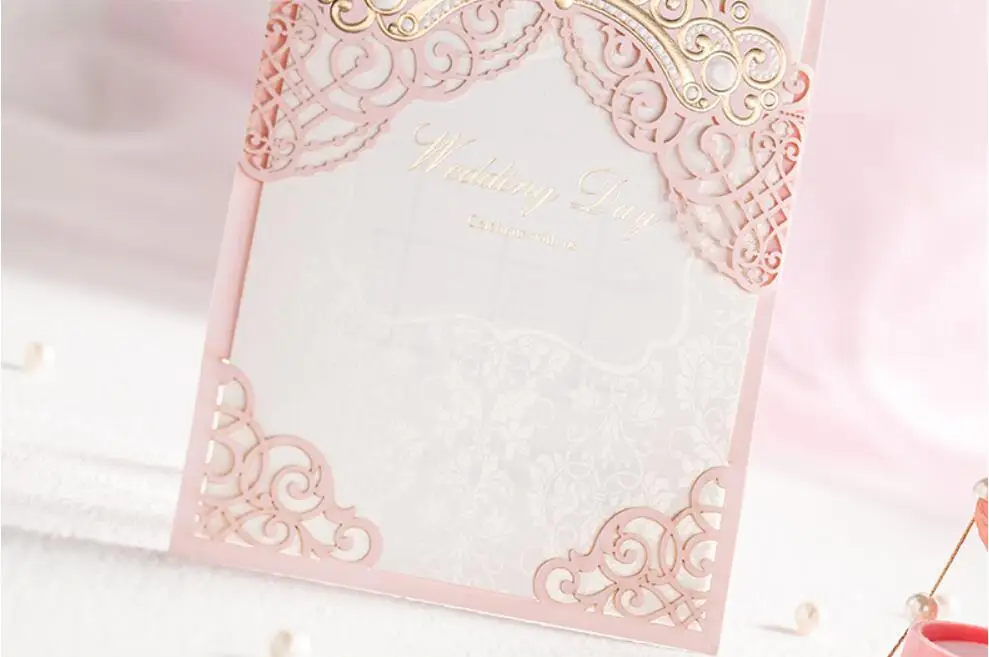 Pink Laser Cut Bronzing Crown Wedding Party Invitation Cards Customized Marriage Engagement Invitations 100PCS Express Shipping | Дом и сад