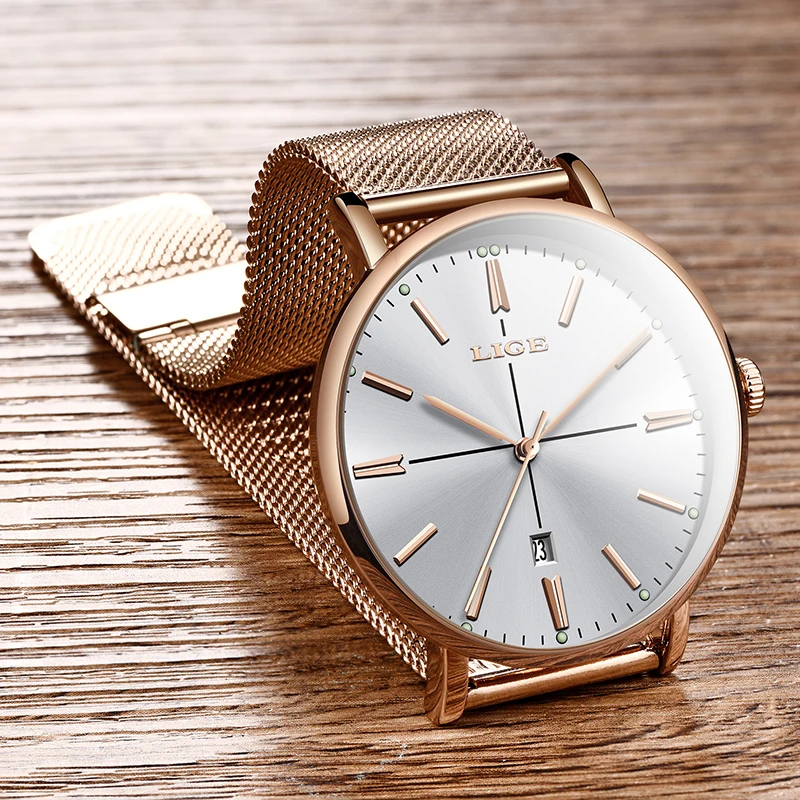 

Genuine LIGE Creative Watch Women Stainless Steel Waterproof Watch Super Slim Mesh Belt Clock Ladies Gift Watch Relogio Feminino