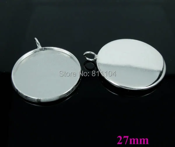 

27mm New Silver tone Plated Copper Blank Bases Round Bezel w/ a loop Cabochon Settings Pendant Blank Findings Bulk Wholesale