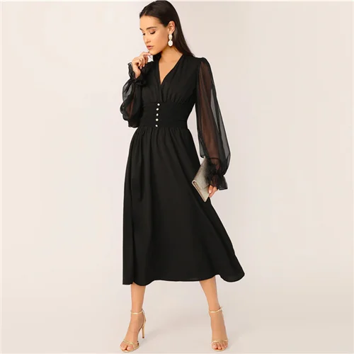 Sheinside Elegant V Neck Button Detail Dress Women Spring Mesh Lantern Sleeve Patchwork Dresses Ladies Solid A Line Dress - Цвет: Черный