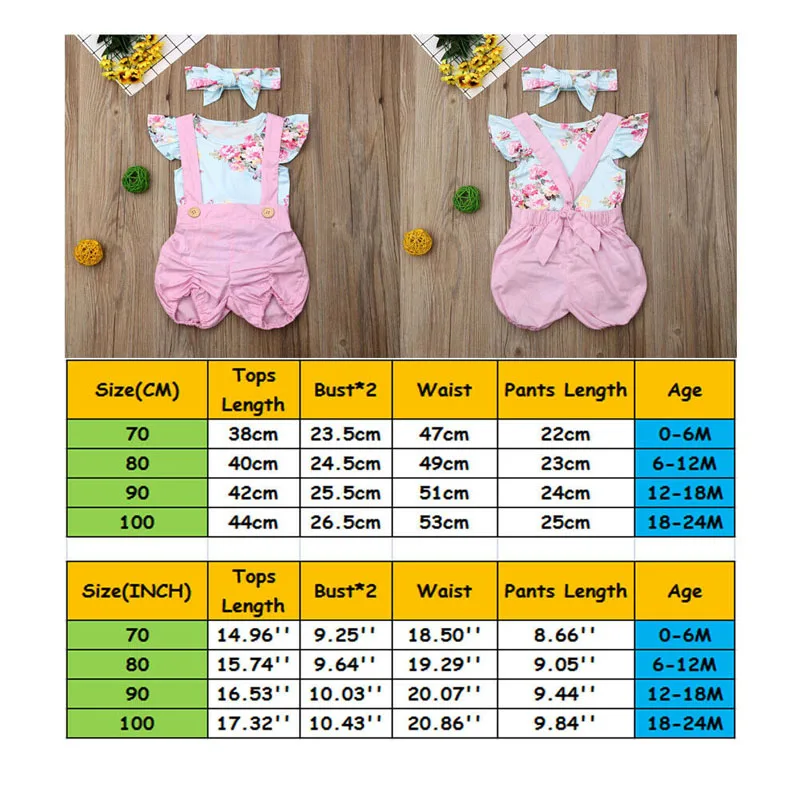 Lovely Girls Floral Romper Overalls Short Sleeve Top+Pink Overalls+Headband 3Pcs Set Cute Outfits New |