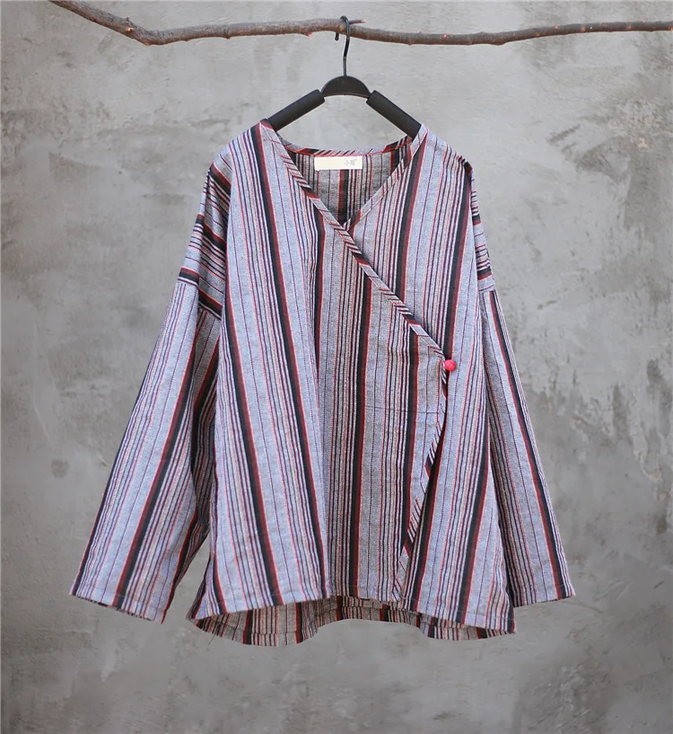 

ORIGOODS V-neck Striped Chinese style Women Blouse Long sleeve Vintage Plus size Blouse Shirt Women Blouse and Tops Blusas D087