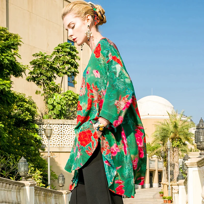 POKWAI Casual Floral Summer Silk Blouse Shirt Women Fashion 2018 New High Quality Batwing Sleeve O-Neck Spliced Chiffon Tops |