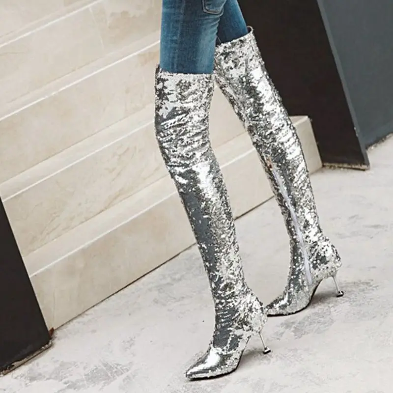 

SIMLOVEYO Winter Shoes women Thigh high boots Pointed toe Over the knee boots zipper shoes Botas feminino mujer Bling A1405