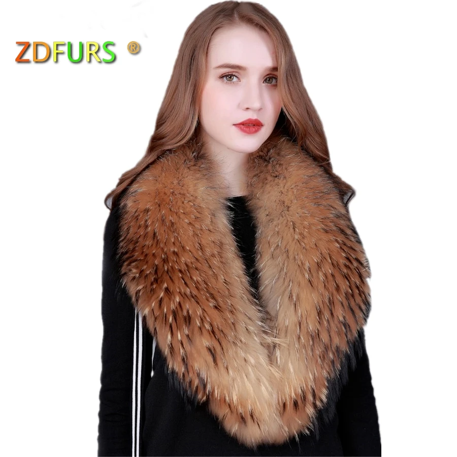 ZDFURS * Зима 100% из натурального енота меховой воротник Женское пальто свитер Шарфы