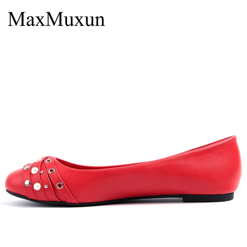

MaxMuxun Women Ballet Flats Round Toe Slip On Classic Pearl-Embellished Studded Red Black Comfortable Dress Shoes