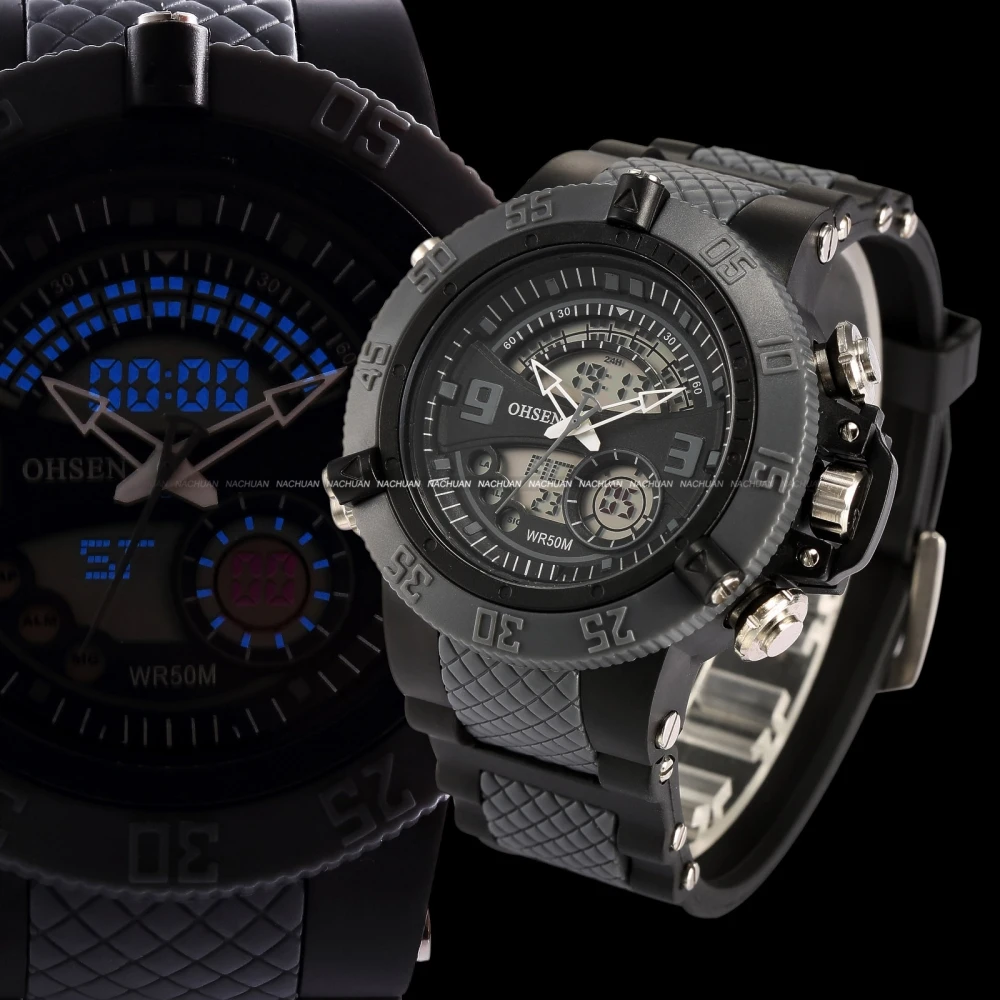 OHSEN Черный Dual Time ЖК-дисплей сигнализации Дата День 5atm Водонепроницаемый