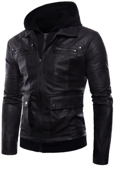 

Double coat threshold motorcycle leather jacket men Fake two-piece clothes mens leather jackets and coats biker Hooded black