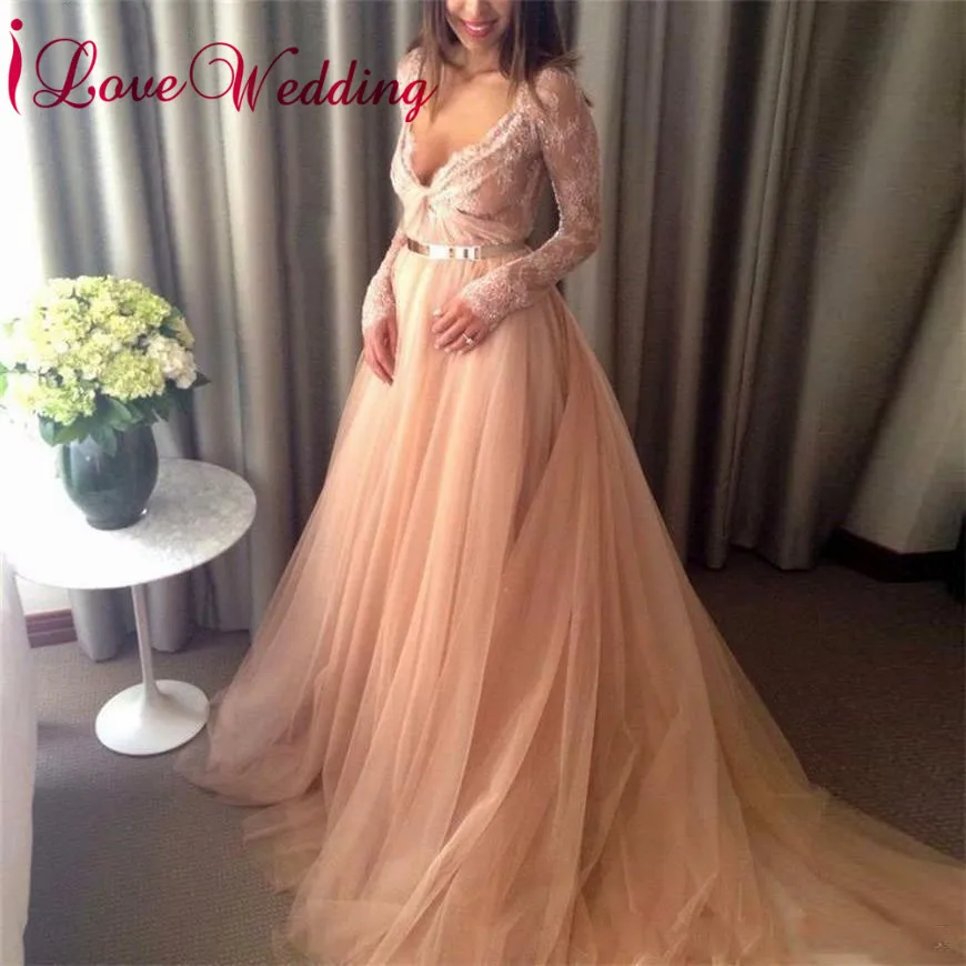 New Fashion 2019 Sexy V Neck Lace Prom Dress Custom made Long Sleeves Pink Tulle A Line Party Gown | Свадьбы и торжества