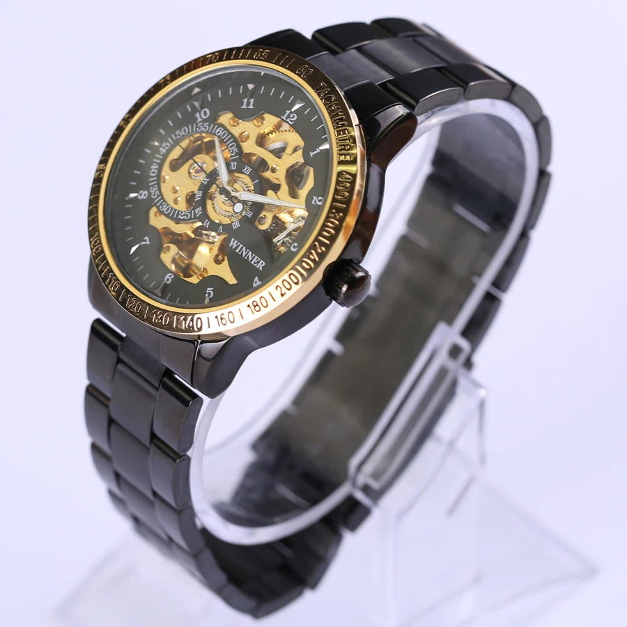 Новинка 2018 мужские наручные часы-скелетоны черного и золотого цвета
