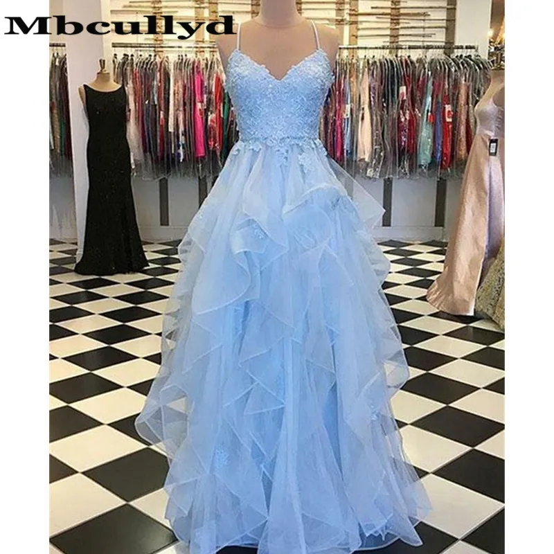 

Elegant Applique Lace Blue Prom Dresses 2023 Sexy Backless Tiered Tulle Long Pageant Evening Dress For Women Vestidos De Gala