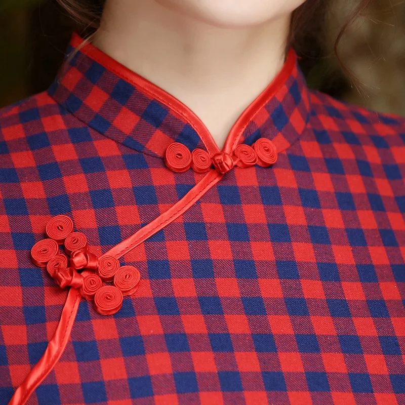 Винтажное клетчатое китайское традиционное платье для женщин летнее хлопковое