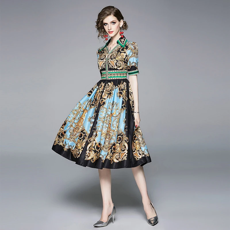 2019 new women's dresses with Print dress Vintage V-Neck | Женская одежда