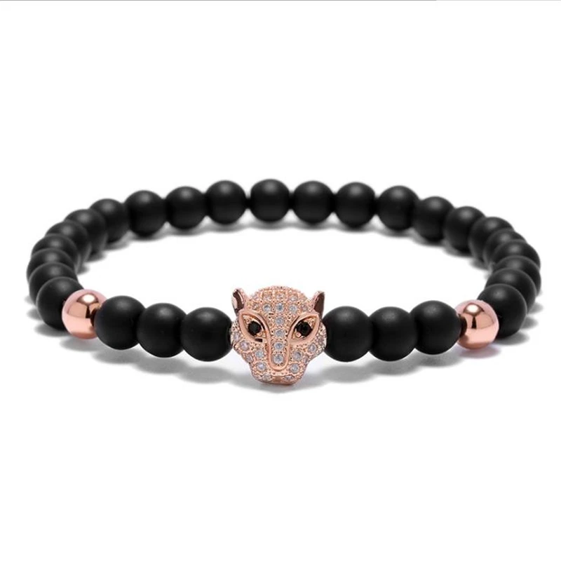 Sleek minimalist 6mm matte black stone beaded bracelet micro inlaid zircon leopard head | Украшения и аксессуары