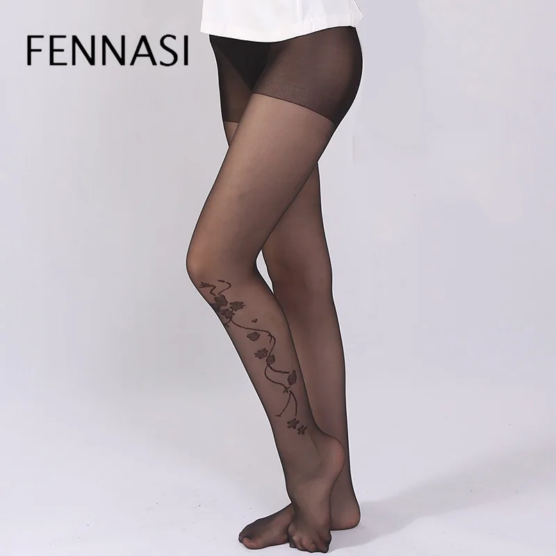 Женские жаккардовые нейлоновые колготки FENNASI черные в горошек с цветочным