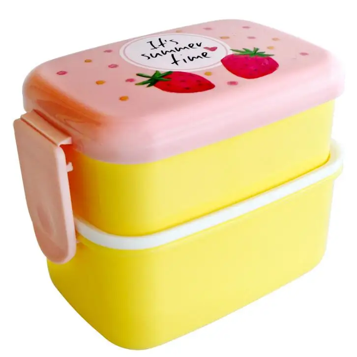 Strawberry 2 Слои милый коробка для обедов с мультипликацией Еда контейнер для хранения Портативный детская Студенческая коробка для завтрака с отсеками чехол микроволновая печь - Цвет: Strawberry