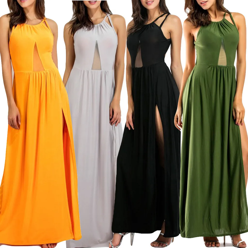 Женское платье 2019 модное женское сексуальное чистый цвет с разрезом открытая