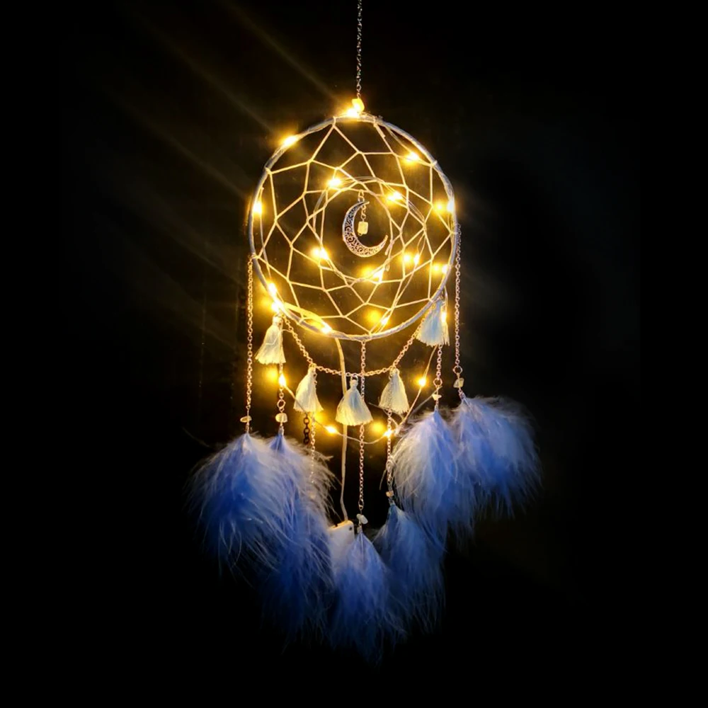 Dream Catcher DIY Home decoration Handmade led Lighting Moon Design Feather Craft Hanging Dream Catcher for Kids girls room Gift