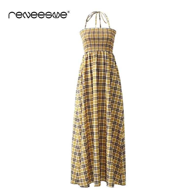 new 2019 plaid women dress spaghetti strap sleeveless a line long dresses summer yellow fashion party maxi chic ladies vestidos | Женская