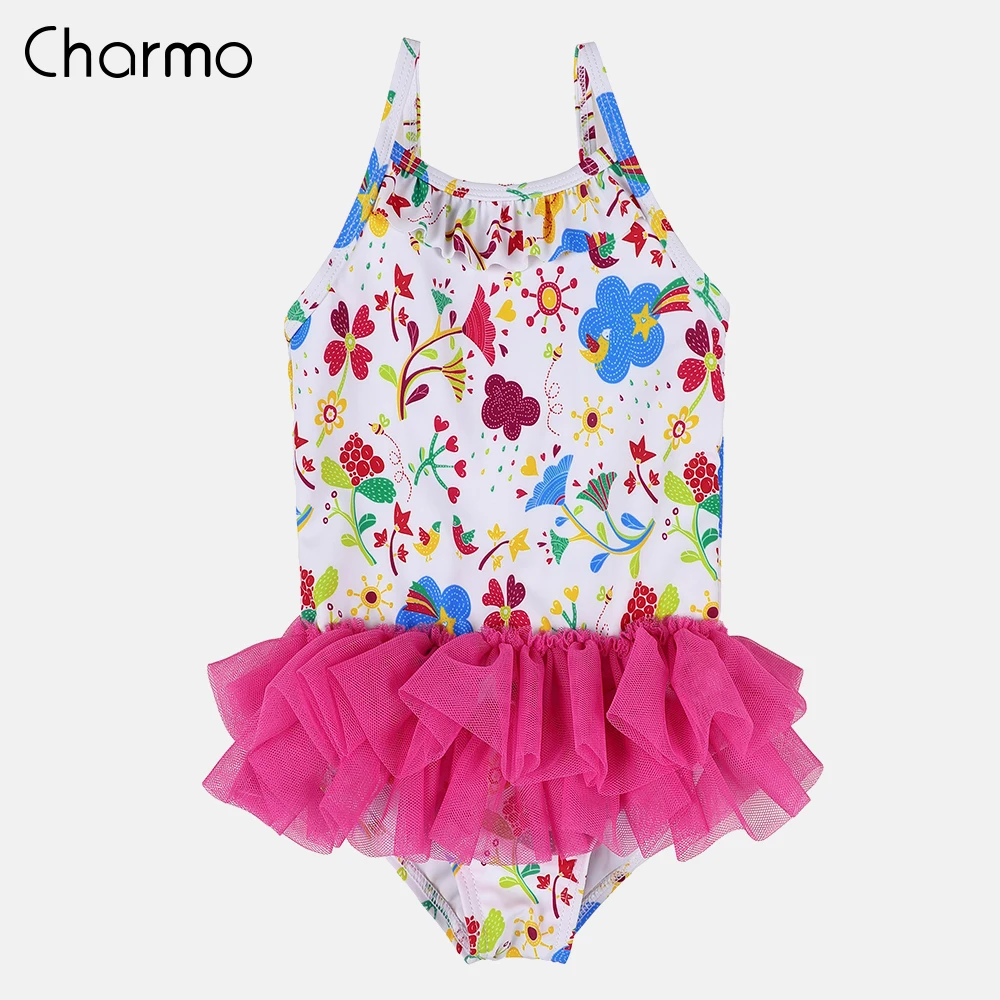 

Charmo Baby Girls' One Piece Swimsuits Flower Striped Print Swimwear Ruffle Kids Cute Bikini Adjustable Strap Beach Wear Dress