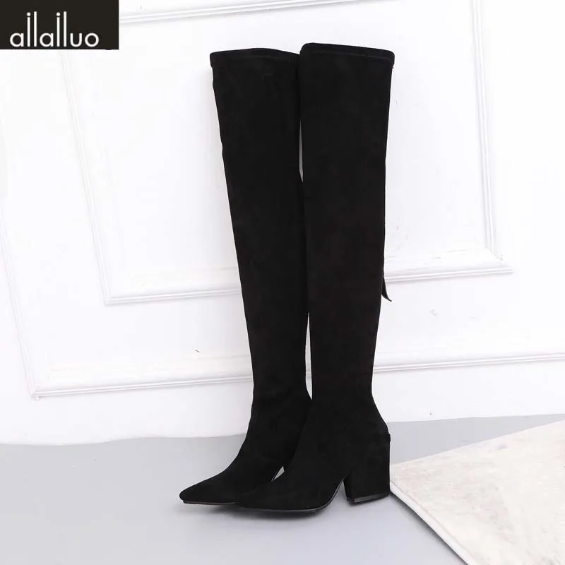 Зима супер мода стрейч тонкий над сапоги до колена Высокая квадратный каблук