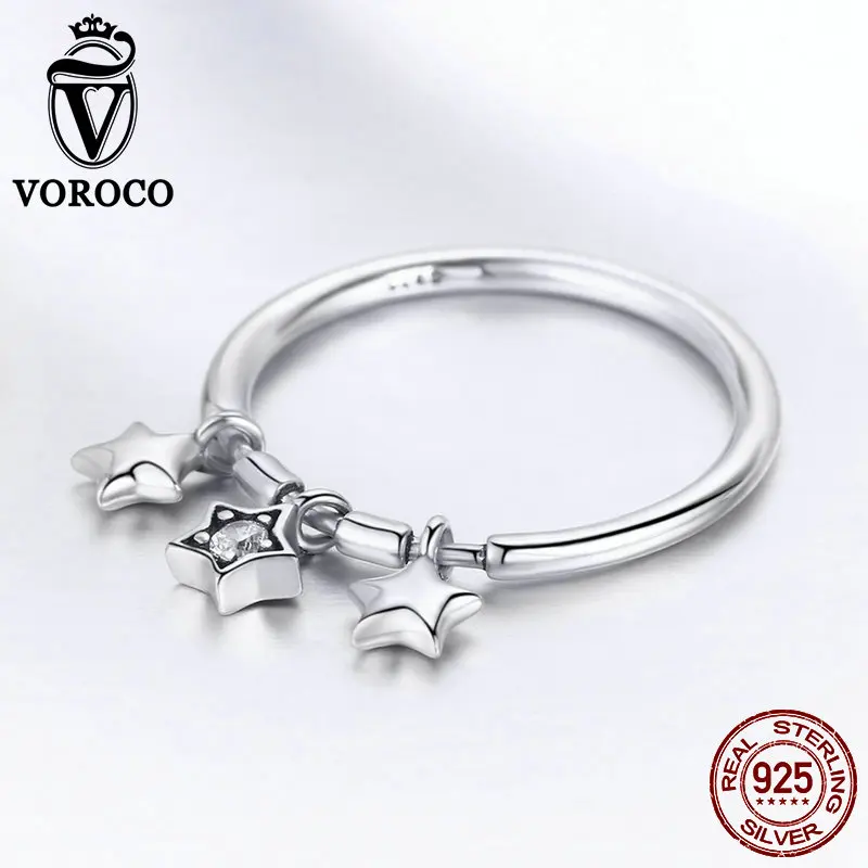 VOROCO 2019 Hot Sell Trendy Silver Ring Authentic 925 Sterling Dangle Star Dazzling Finger Rings Girl Jewelry Gift BKR406 | Украшения и