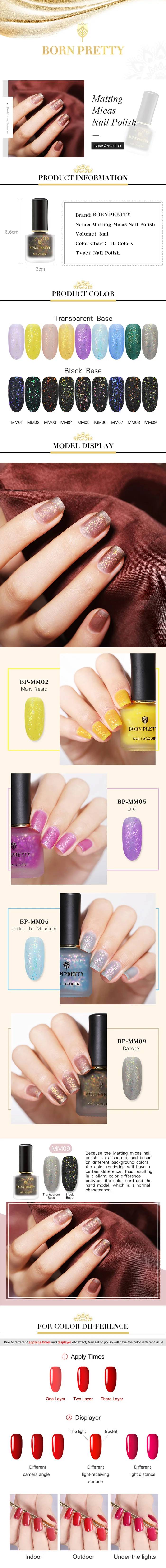 BORN PRETTY 6 мл красочные матовые Мики лак для ногтей Блестящие Блестки набор для дизайна ногтей лак матирующий базовый слой 9 цветов