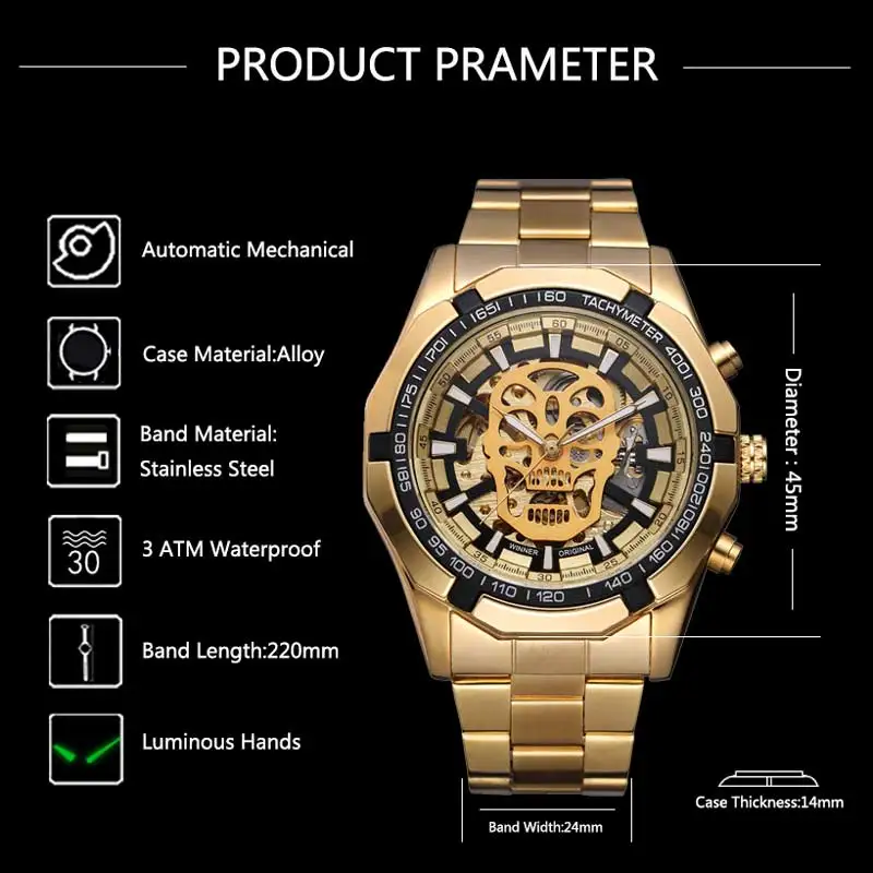 Часы WINNER мужские спортивные автоматические механические с черепом и скелетом 0651