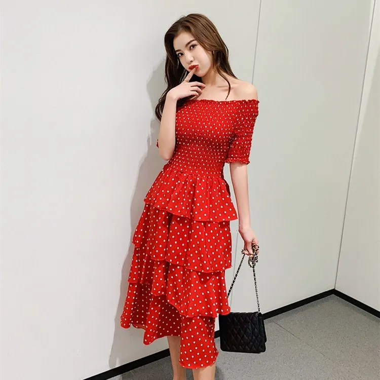 Summer Sweet Stretchy Chest Ruffled Dress Slash Neck Women Polka Dot Elegant Party Vestidos Ladies High Waist Cake Dresses | Женская
