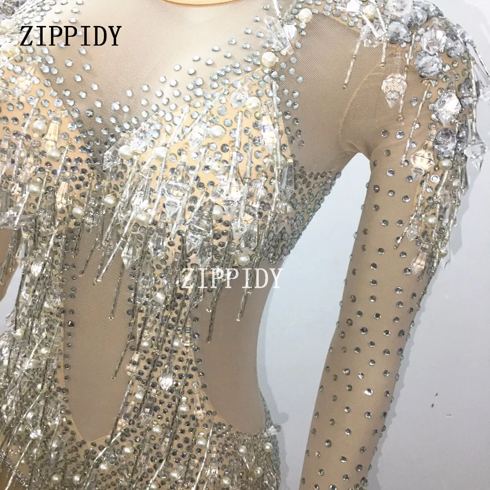 Sparkly Crystals Pendant Tassels Rhinestones Bodysuit Nude Mash Stretch Outfit Celebrate Leotard  Bar Singer Stage Sexy Costume