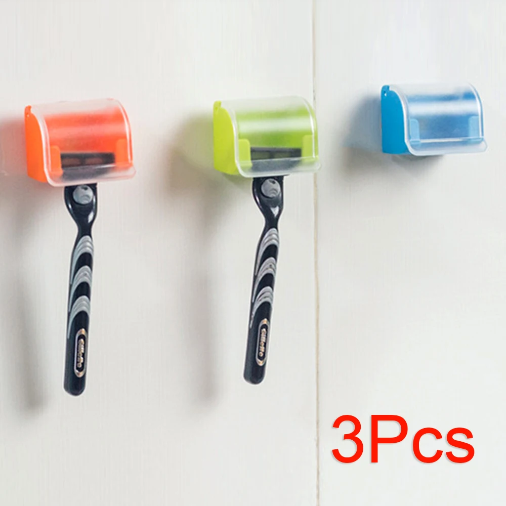 3pcs Three Colors Пластиковый настенный держатель для бритвенных станков, душевая присоска, Пылезащитная Подставка для хранения бритвы, полка для губ, ванная комната - Цвет: 3pcs Three Colors