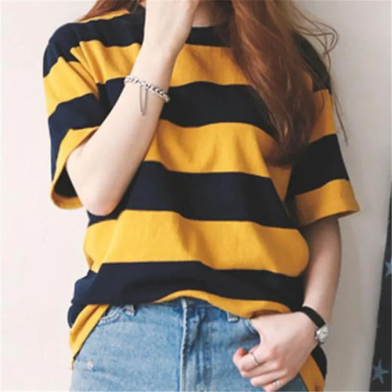 Женская Полосатая футболка с круглым вырезом новинка модная летняя Свободная