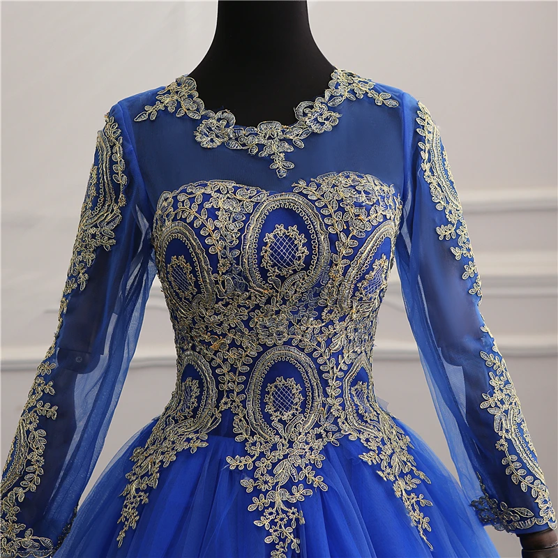 8 Layers New Vestidos De Noiva Royal Blue Tull Vintage Long Sleeve Wedding Dress Gold Lace Embroidery Bride Gowns Custom | Свадьбы и