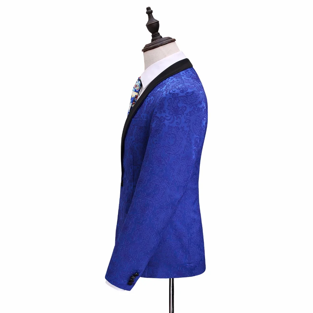 JZ CHIEF 3Pcs Suits Shawl Lapel Men Suit Royal Blue Tuxedos Groom Wedding Suit Print Slim Fit Party Blazers One Button Plus Size