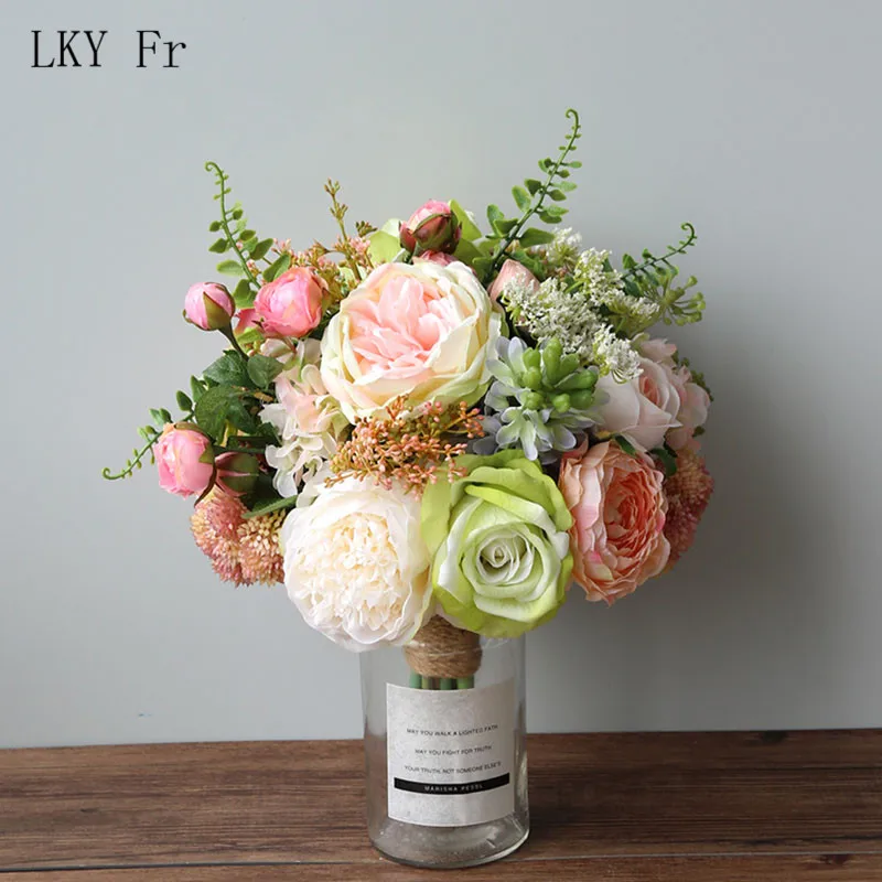 

LKY Fr Wedding Bouquet Bridal Bouquets Holder Silk Artificial Roses Peony Pink Wedding Flower Bridal Bouquets Mariage Home Decor