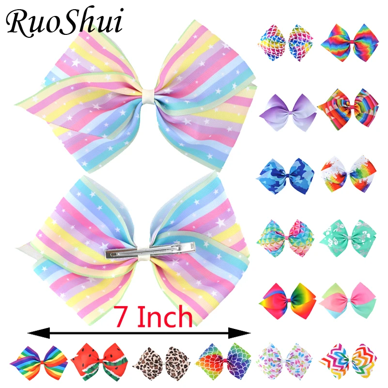 

12PCS/LOT 7 inch Girls Big Print Grosgrain Ribbon Alligator Hair Clips Children Hair Bow Bowknot Headwear Women Hair Accessories