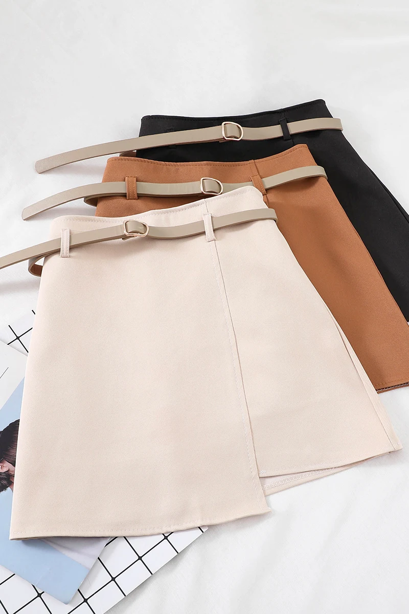 Женская юбка с высокой талией Весна Осень Черный Бежевый Мини Твердые Юбки